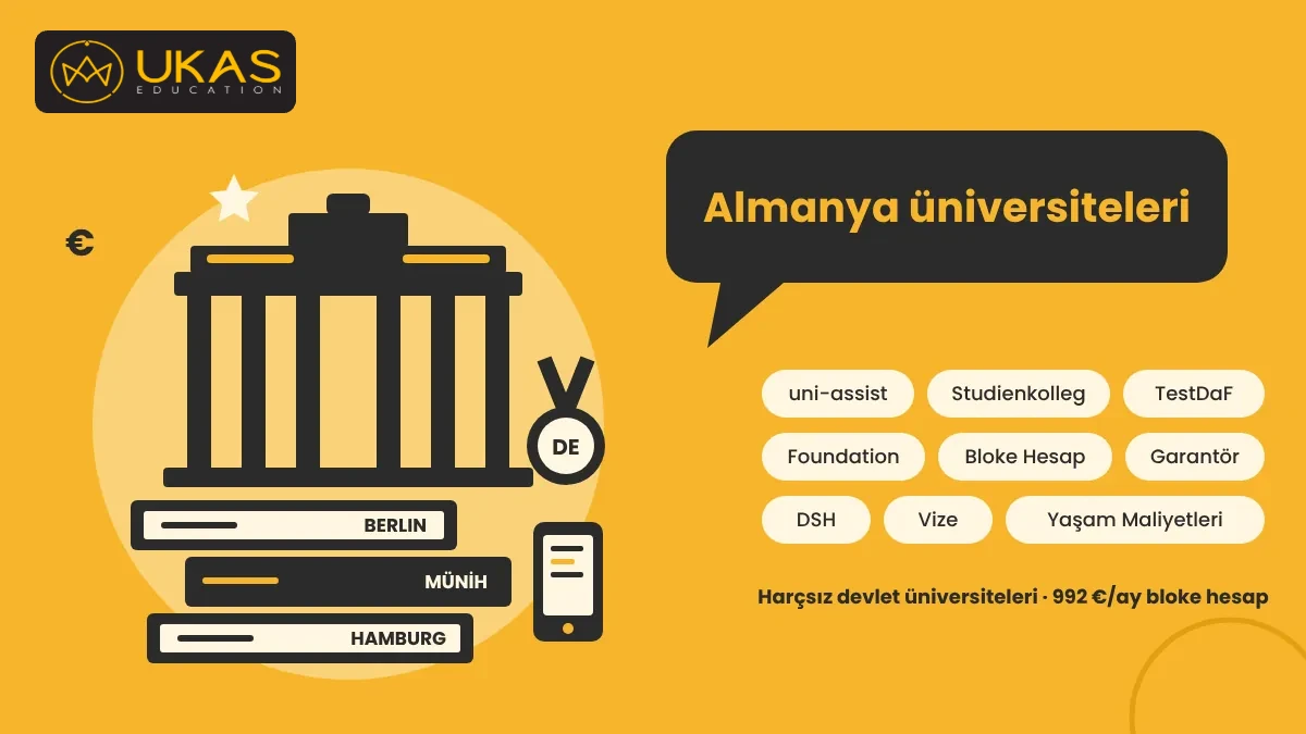 Almanya üniversiteleri: uni-assist, Studienkolleg, TestDaF, DSH, foundation, bloke hesap, garantör, öğrenci vizesi ve yaşam maliyetleriyle Almanya’da üniversite eğitimini anlatan UKAS görseli