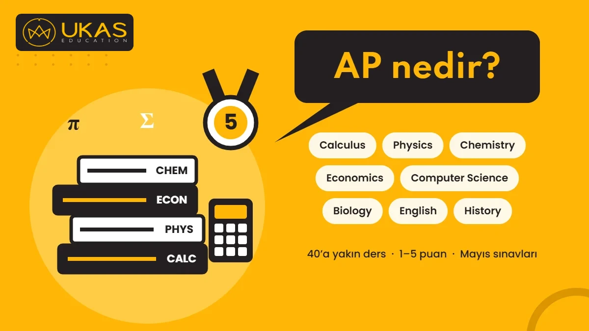 AP nedir? Calculus, fizik, kimya, ekonomi ve bilgisayar bilimi gibi derslerde 1–5 arası puanlanan AP sınavlarını anlatan görsel